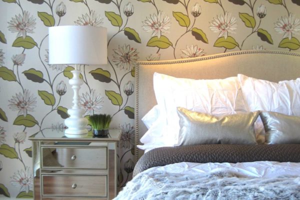 Specialty - Count & Castle Interior Design bedroom large patterned wallpaper metallic pillow mirror nightstand